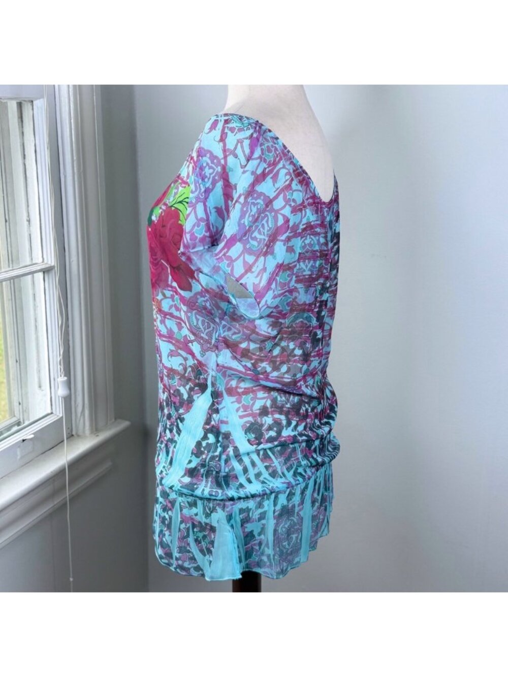 Vintage Y2K Rocker Girl Sheer Floral Tunic Top Keyhole Retro Gyaru Boho Fairy - Picture 5 of 9